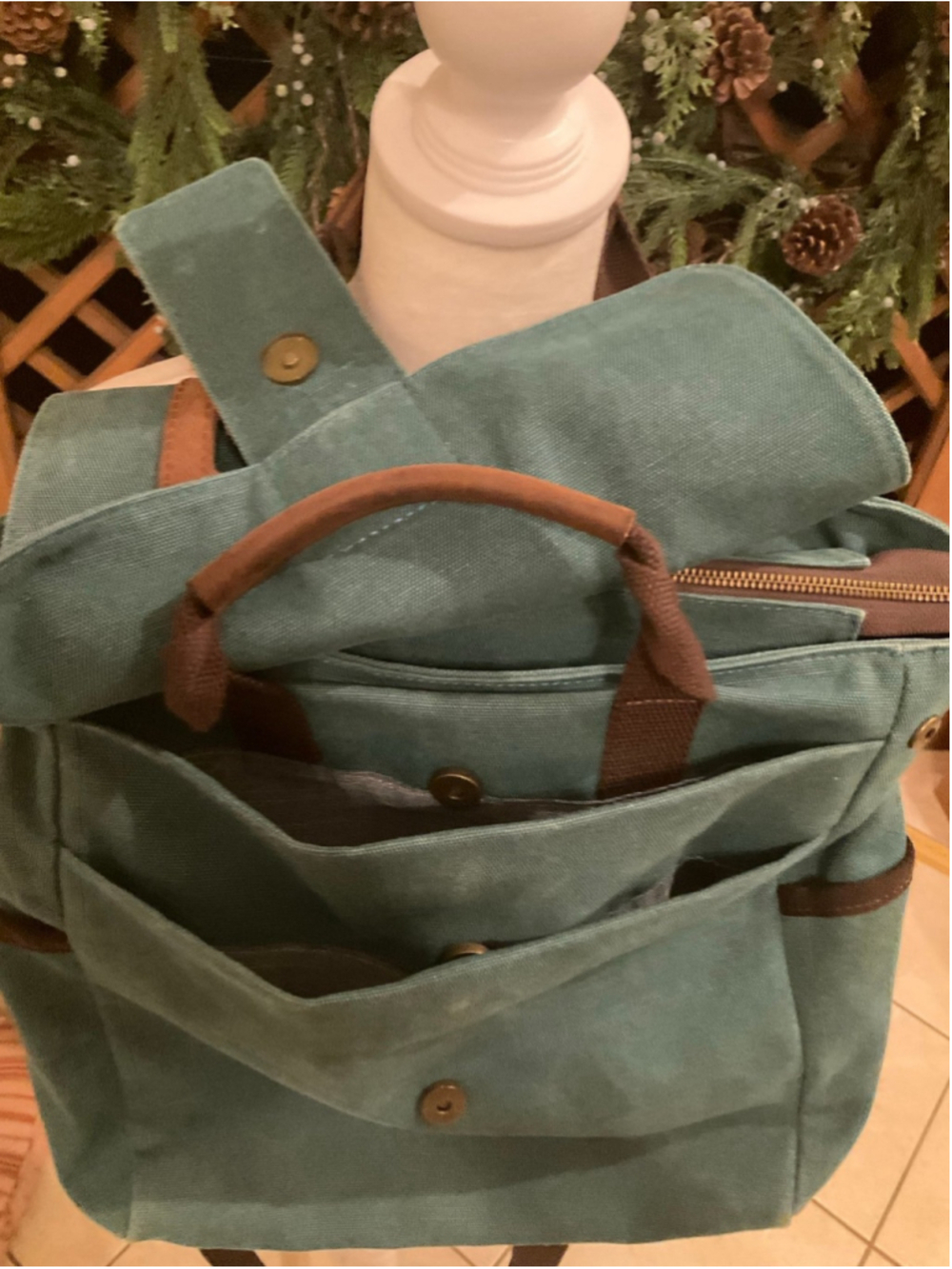 Acacia Canvas & Genuine Leather Backpack Tote Bag Teal - Picture 3 of 7